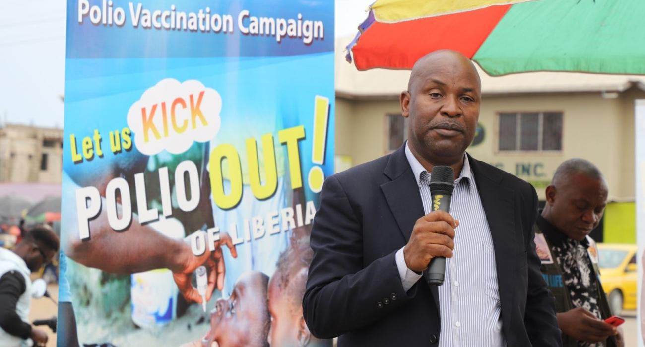  WHO Liberia  Expanded Program on Immunization Officer addresses the audience during the launch of the nationwide polio vaccination campaign in Liberia