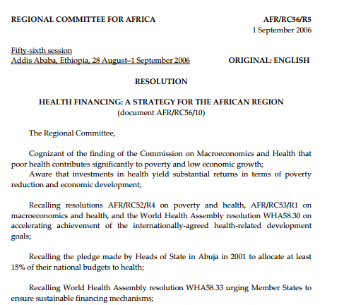 Resolution - Health Financing: A Strategy for the African Region AFR/RC56/R5 