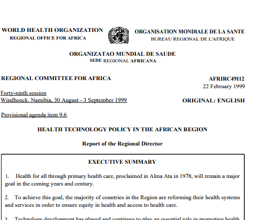  AFR/RC49/12 Health Technology Policy in the African Region
