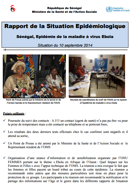 Rapport de la Situation Epidémiologique - Sénégal, Epidémie de la maladie à virus Ebola - 10 Septembre 2014 