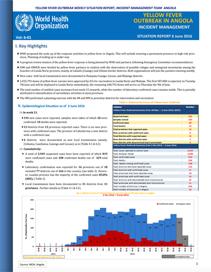 Situation Report: Yellow fever outbreak in Angola