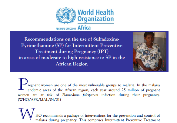 Recommendations on the use of Sulfadoxine-Pyrimethamine (SP)