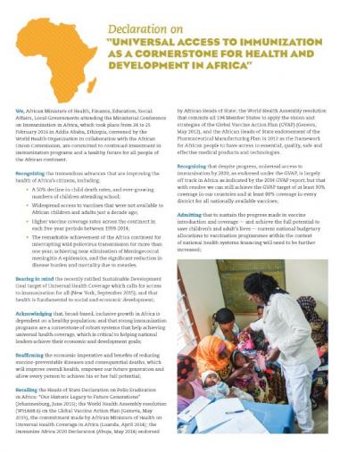 Declaration on "UNIVERSAL ACCESS TO IMMUNIZATION AS A CORNERSTONE FOR HEALTH AND DEVELOPMENT IN AFRICA"