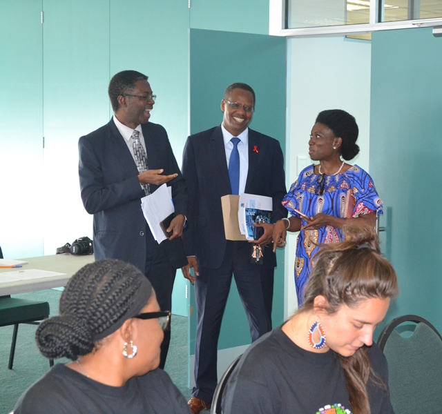 Dr Sagoe-Moses and Dr Barihuta with Madam Kiki Gbeho UN Resident Coordinator having a chat before the lecture on mental health in the workplace