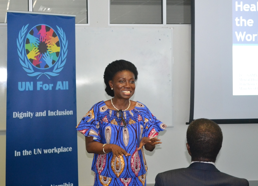 Madam Kiki Gbeho delivering her remarks during the mental health educational session at the UN House