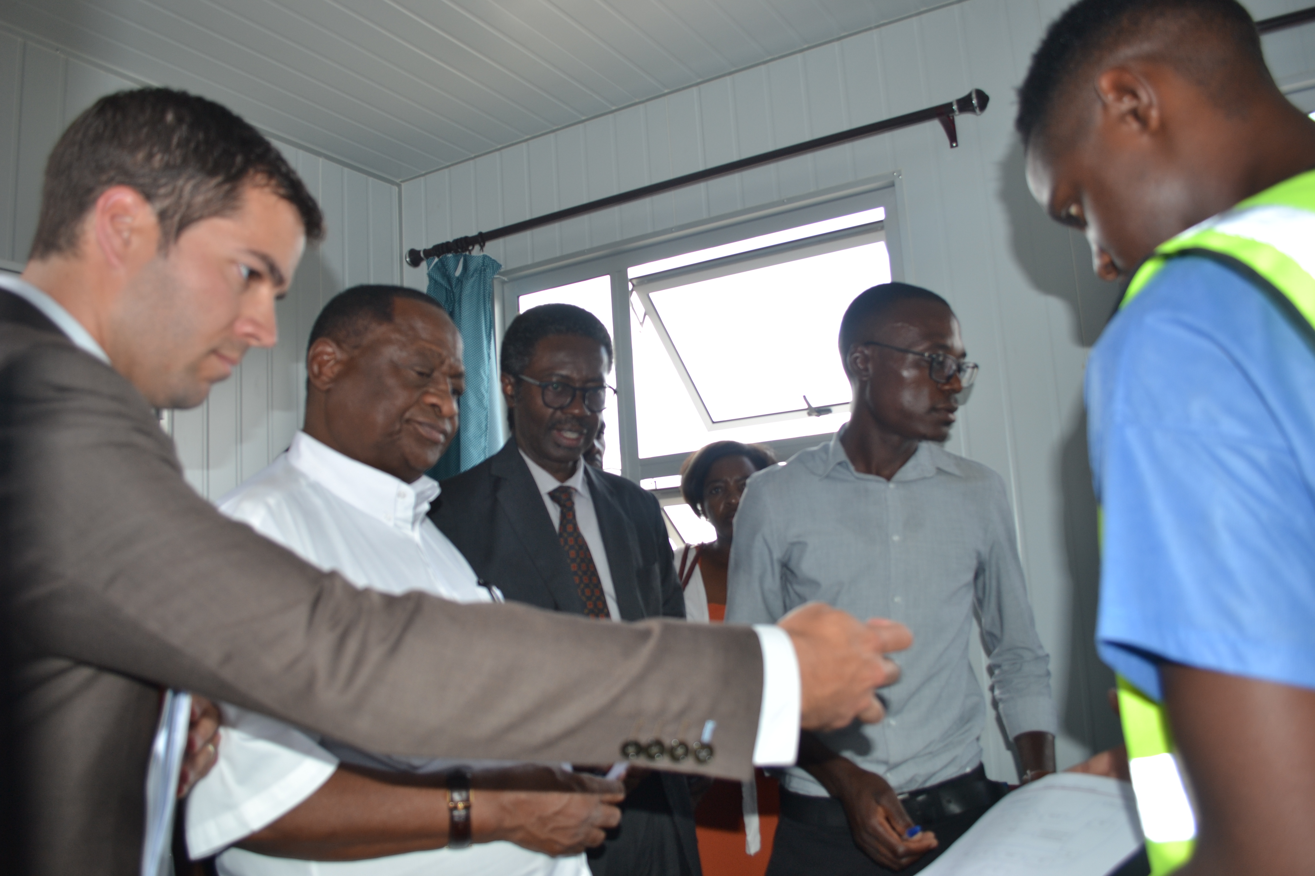 Minister of Health and Social Services, Dr Kalumbi Shangula, CDC Director, Dr. Eric Dziuban and WHO Representative, Dr Charles Sagoe-Moses at the Hosea Kutato International Airport inspecting the readiness of the airport for initial screening and the temporary isolation facilities.