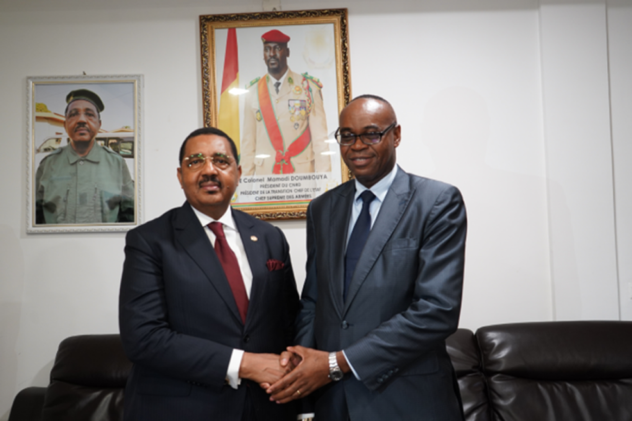 A partir de la gauche le Ministre de la Santé de l'Hygiène publique et le Représentant de l'OMS en Guinée