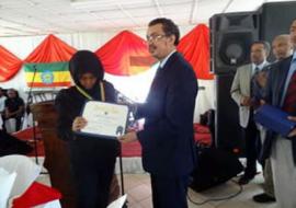His Execllency Dr. Tedros Adhanom, Minister of Health - Ethiopia awarding H.E. W/ro Azeb Mesfin, at the World Mental Health Day event, Addis Ababa