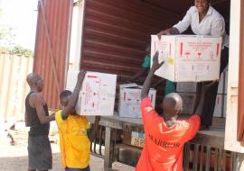A team at the government Central Medical Store offloading cholera vaccines that arrived the country for the Oral Cholera Vaccination campaign.