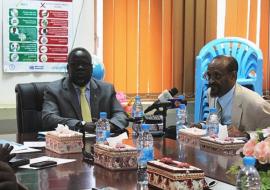 Minister of Health, Dr. Riek Gai Kok and WHO Representative for South Sudan, Dr Abdi Aden Mohamed addressing a joint press conference in Juba