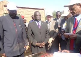 From left: His Excellency, Salva Kiir Mayardit, the president of the Republic of South Sudan, Hon Dr Riek Gai Kok, Minister of Health, Republic of South Sudan, the Canadian Ambassador to South Sudan his Excellency Nick Coghlan, and Dr Abdi Aden Mohamed, the WHO South Sudan Head of Office