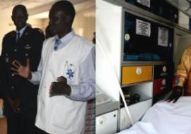 A gauche, le Ministre de la Santé et de l’Action sociale suit les explications d’un médecin urgentiste du SAMU. A droite, le Pr Awa Marie Coll Seck visite une ambulance médicalisée de la structure.