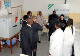 Le Dr Margaret Chan, Directeur général de l’OMS et le Dr Luis Gomes Sambo, Directeur régional de l’OMS pour l’Afrique visitant le laboratoire de l’INRB lors de leur voyage officiel à Kinshasa en février 2011