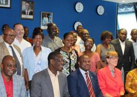 Participants at the FICSA training join the UN RC Ms J Barrins (seated in red jacket), WR Dr M Ovberedjo (seated to her right) and WHO ASA President Mrs B Fougue (on her left)