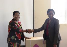 OIC Zimbabwe, Dr Juliet Nabyonga handing over the kits to Dr Portia Manangazira, Director Epidemiolgy and Disease Control in Ministry of Health and Child Care