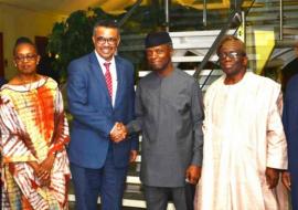 L-R WHO  Representative to Nigeria,  Regional Director for Africa, Director General, Nigeria's Vice President , Minister of Health and Minister of State for Health