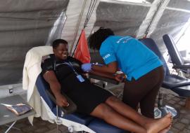 Judith the midwife donating blood
