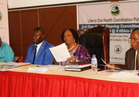 From (L-R) Agriculture Minister, Mr. M. Flomo, NPHIL Director General, Mr. T. Nyenswah, Vice President Mrs. J. H. Taylor and Deputy Health Minister Dr. F. Kateh at the 2nd  One Health Coordinating Platform meeting in Monrovia