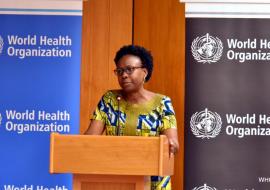Minister of Health Dr Jane Ruth Aceng addresses the partners