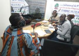 Mrs. Zainab S. Snoh, WHO IPC Officer and Mr. Garrison Kaiwillain, MOH IPC Coordinator during a live radio talk show as part of the World IPC Day celebration in Monrovia