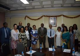 The delegation from St Helena Island in the company of Dr L. Musango, WHO Representativ, the Health Minister, Dr Hon. A. Husnoo (in the centre) and high level officials of the Ministry of Health and Quality of Life