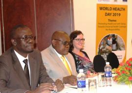 The WHO Representative, Dr. Nathan Bakyaita, The PS, Ministry of Health, Dr. Kennedy Malama and Esther Bouma from the European Union  