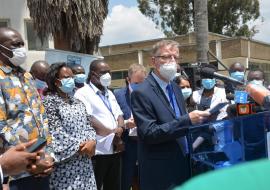 Dr Rudi Eggers, WHO Representative, Kenya, speaking during the vaccination launch. He was accompanied by MOH officials, Dr Patrick Amoth, Director General and Ms Susan Mochache, Principal Secretary  