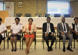 Dr Ester Muinjangue, Deputy Minister of Health and Social Services with Dr Charles Sagoe-Moses, WHO Representative with members of the Windhoek Central Hospital and the Director of Health for the Khomas Region, Mr Ukolo