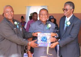 Hon. Hendrick Gaobaeb, Constituency Councilor and Kunene Regional Chairperson, Hon. Dr Kalumbi Shangula, Minister of Health and Social Services and Dr Charles Sagoe-Moses, WHO Representative launching the WHO 75th Anniversary in Opuwo, Kunene Region, 6 April 2023 