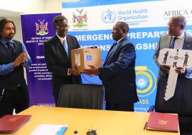 Dr Kalumbi Shangula, Minister of Health and Social Services, Dr Charles Sagoe-Moses, WHO Representative and Mr Ben Nangombe, Executive Director of MOHSS during the signing and handover ceremony 