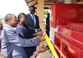 Honorable Yolanda Awel Deng Juac, Minister of Health, and Dr Fabian Ndenzako, WHO Representative a.i. for South Sudan cut the ribbon to officially open the Waste Management Facility in Juba 