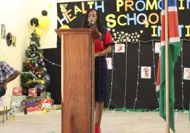 Mrs Regina Diergaardt, School Principal of the Gobabis Primary School sharing her story on how her school became a Platinum Health Promoting School