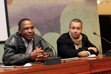 Luis Wamusse (on left), Director of FAVIM at 13th Meeting of States Parties to the Convention in Geneva. Photo by Giovannu Diffidenti