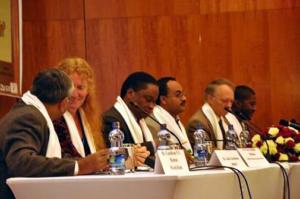 Dr Pierre M’pele Kilebou, WHO Representative to Ethiopia; H.E. Dr Kesetebirhan Admassu, Minister of Health with other delegates at the Symposium