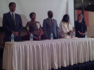Dignitaries at the ceremony with Prof. JM Dangou in the middle flanked by the US Ambassador (l) and Hon. Minister for Health and Social Welfare (r)