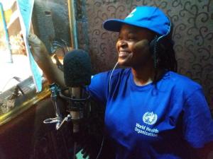 Fati Niger, Queen of Hausa music, rehearsing songs on cholera, meningitis and Lassa fever prevention in a recording studio in Maiduguri, Borno state. Photo credit: WHO/CE.Onuekwe