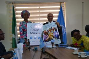 WR Dr. Wondimagegnehu Alemu and HE Mrs Toyin Sakari showing support for the CLEAN YOUR HANDS CAMPAIGN