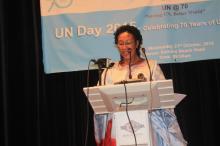 Hon. Neneh Macdoll Gaye delivering the keynote address on UN@70 commemoration