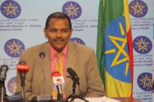 H.E. Dr Kebede Worku State Minister of Health  while briefing media during press conference 
