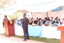Dr Ndenzako addresses delegates during the handing over ceremony in Juba