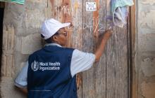 WHO staff marking a door of home where vaccines have been provided