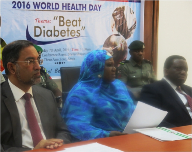 Minister of Health (right) Permanent Secretary, FMOH (middle) and WR (left0 at the 2016 WHD event