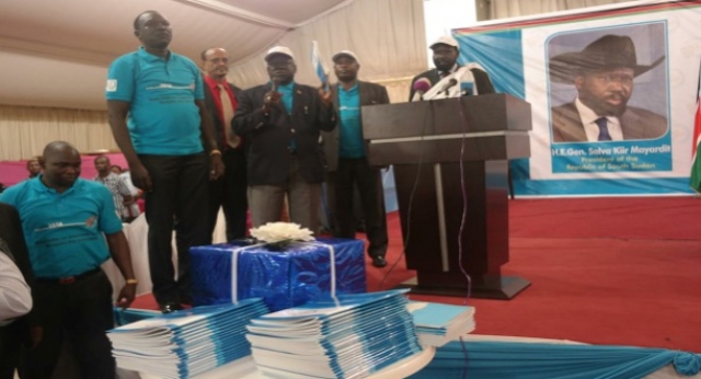 The President of the Republic of South Sudan, Gen Salva Kiir launching the National Malaria Strategic Plan, 2014 to 2021. Next to the President is the Minister of cabinet affairs, Hon Martin; Holding the Malaria Strategic Plan (Center) is the Minister of Health, Dr Reik Gai Kok, Left is the Under Secretary Dr Makur Matur and behind is the WHO South Sudan Country Representative Dr Abdi Aden Mohamed.