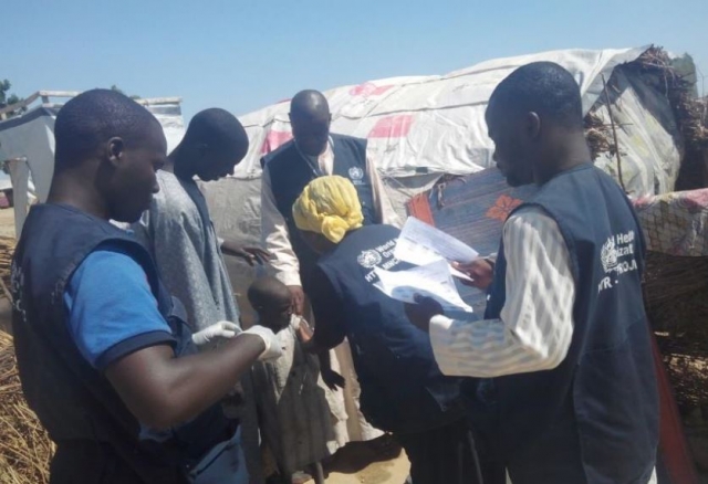 Hard to Reach Team carrying out measles vaccination campaign in Muna garage internally displaced people’s camp, Jere Local Government Area