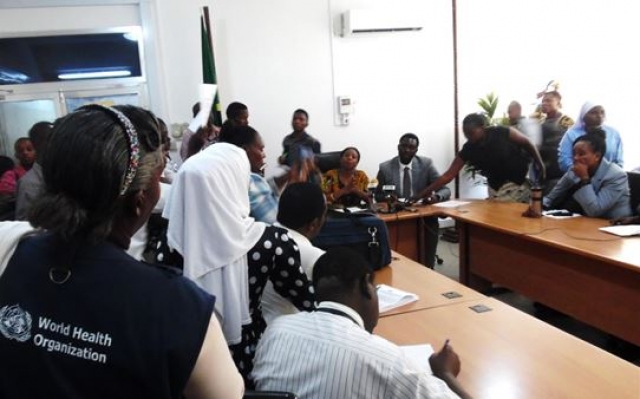 The Minister for Health, Community Development, Gender, Elderly and Children, Hon Ummy Mwalimu and Deputy Minister, Hon. Dr. Hamis Kigwangala, conducting a press Conference on the cholera situation in Tanzania.