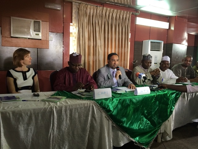 In the Middle WHO Nigeria Country Representative Dr Vaz Gama Rui making a speech on behalf of Partners on AVW. On his left is ED of NPHCDA Dr Ado Muhammed