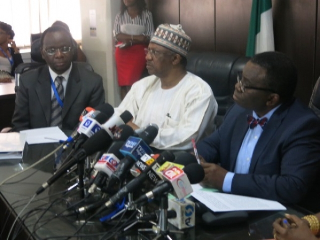 (L-R) Dr Rex Mpazanje of WHO, Dr Osagie Ehanire, Minister of State for Health and Professor Adewole at the press briefing