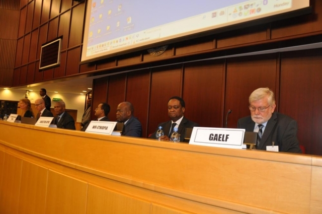 L-R: Dr Julie Jacobson, Uniting to Combat NTDs; (podium) Dr Abdissa Kurkie, DPC Director, MoH of Ethiopia; Mr Xavier Daney, Senior Legal Officer, WHO; Dr Damas Bodzongo, Representative of the Minister of Health of the DRC; Dr Kesetebirhan Admasu, Minister of Health of Ethiopia; Dr Jean Baptiste Roungou, Director of APOC; Dr Pierre M'pele-Kilebou, WHO Representative in Ethiopia; Dr Adrian Hopkins, Executive Secretary of GAELF.