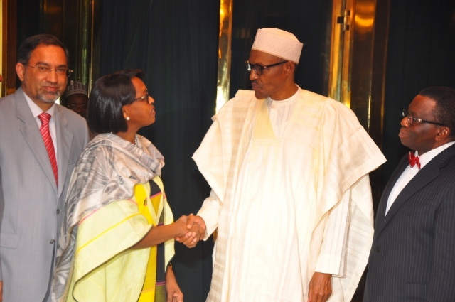President Buhari of Nigeria welcoming the WHO RD, Dr Moeti to the State House in Abuja