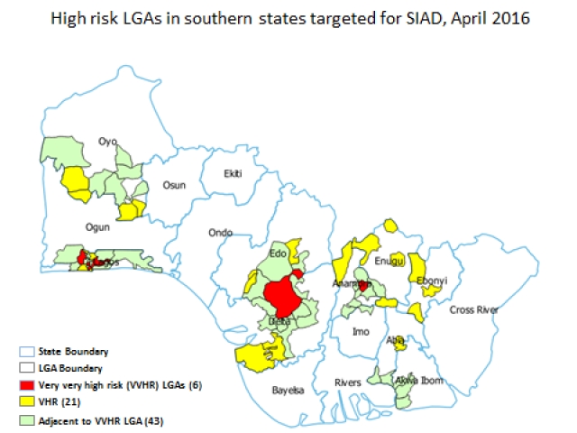 High risk LGAs in southern states targeted for SIAD, April 2016